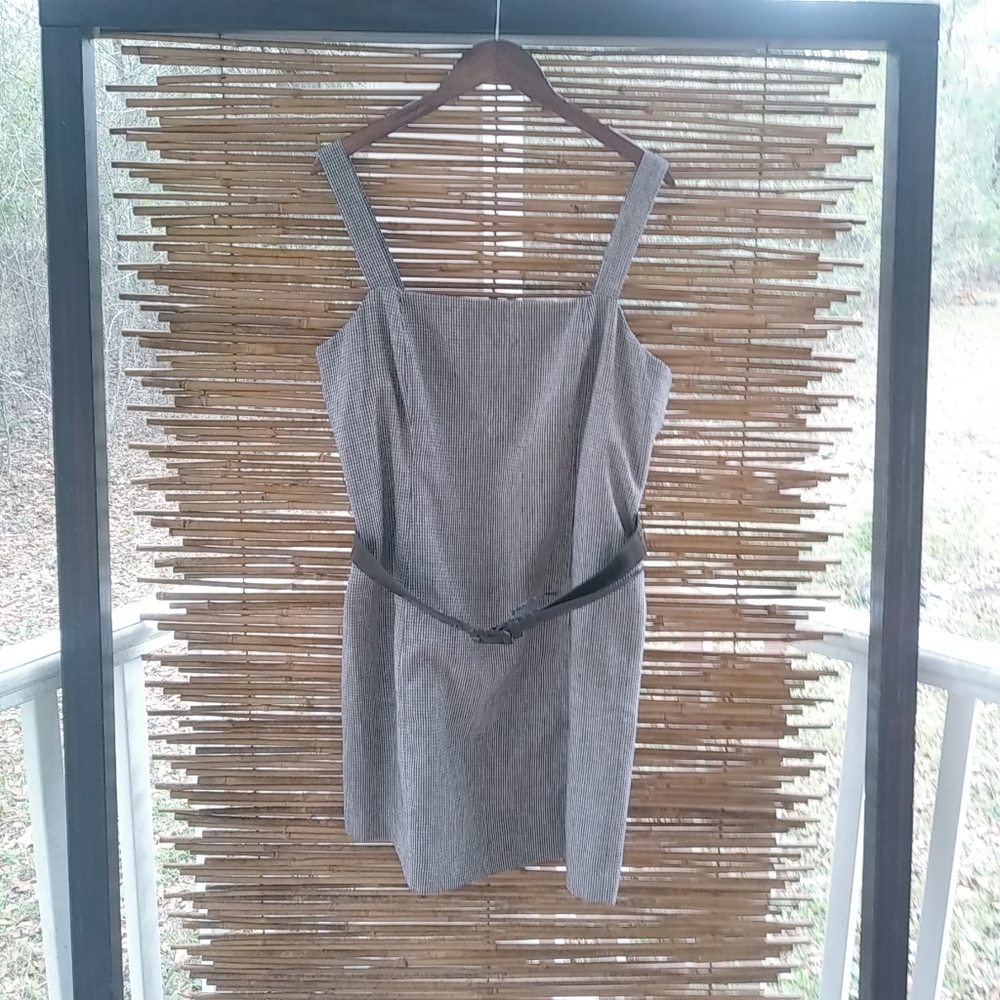 Vertigo Paris 10 Taupe Academia Houndstooth Tweed Belted Jumper Dress